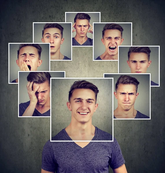 Retrato de un joven feliz enmascarado expresando diferentes emociones — Foto de Stock