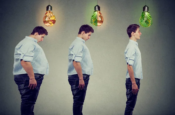 Diät vor und nach dem Konzept. junger dicker Mann wird schlanker Kerl. Ernährung Wahl gesunder Lebensstil Konzept — Stockfoto