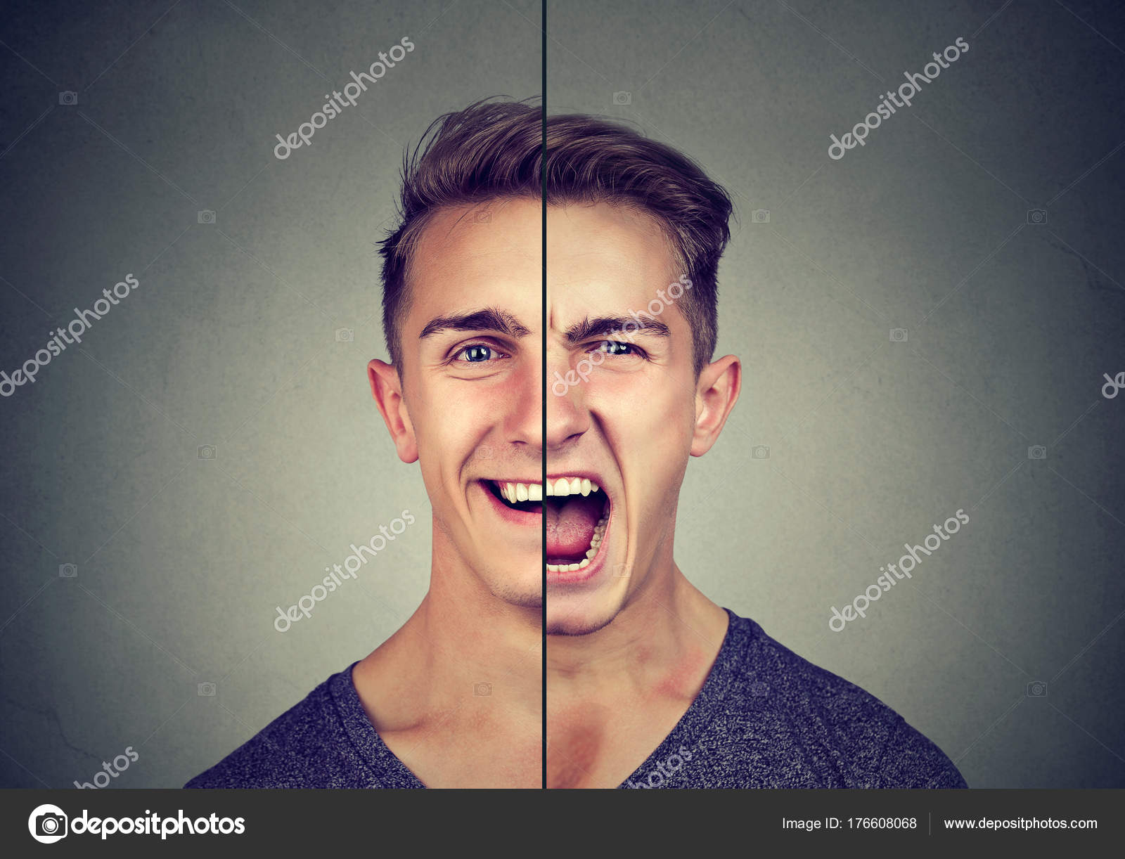 양극성 장애 개념입니다. 두 배 얼굴 표정으로 젊은 남자 — 스톡 사진 © SIphotography #176608068, image size:1600x1222