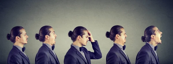 Stimmungsschwankungen. Mann drückt unterschiedliche negative Emotionen und Gefühle aus — Stockfoto