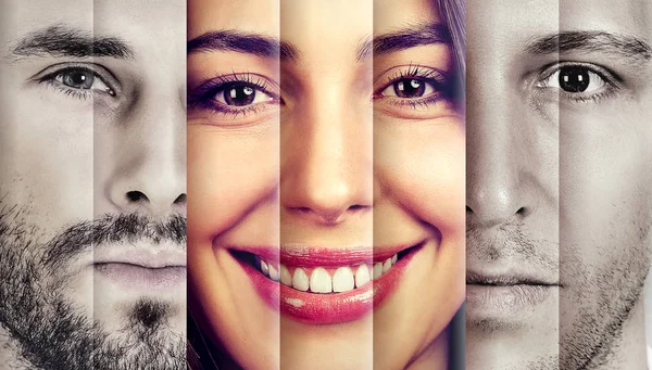 Collage di una giovane donna felice e bella tra due uomini seri — Foto Stock