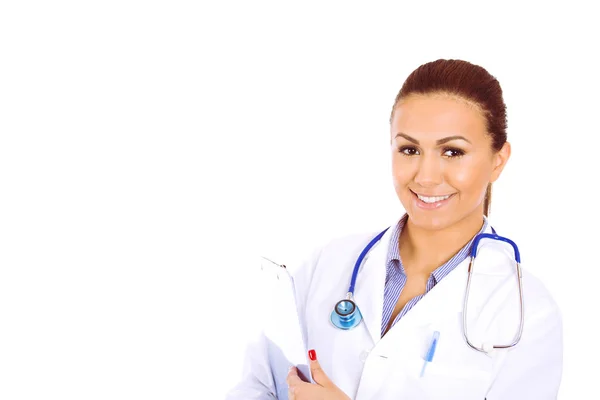 Cheerful young doctor posing on white — Stock Photo, Image