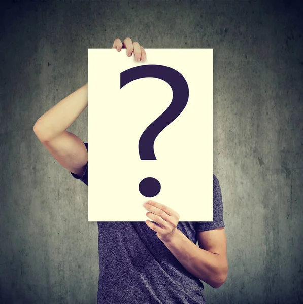 Anonymous man covering face with question mark — Stock Photo, Image