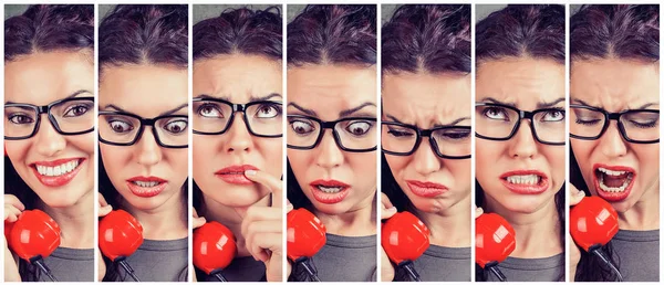 Vrouw emoties veranderen van gelukkig naar boos tijdens het beantwoorden van de telefoon — Stockfoto