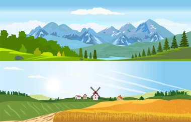 Buğday tarlasının panoramik manzarasıyla kırsal bir manzaranın taşıyıcısı. Yel değirmeni ve dağlı bir göl. 