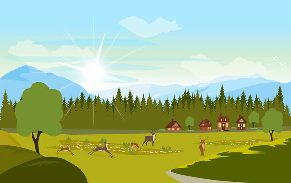 Vector background of a forest mountains wilderness landscape and farmhouses — Stock Illustration Vector Background Forest Mountains Wilderness Landscape Farmhouses — Stock Vector