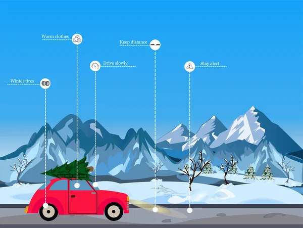 冬の運転のヒントの概念 クリスマスシーズンに雪の山の中で運転する赤いレトロカーのベクトル — ストックベクタ