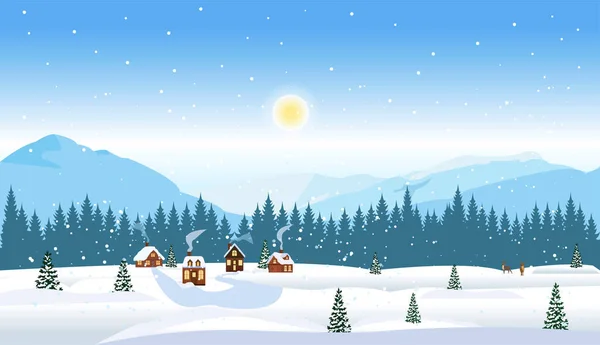 Vector Winter Countryside Landscape Pines Houses Mountains Background — Stock Vector