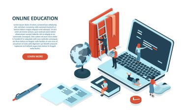 Çevrimiçi eğitim kavramı. Dijital webinarlar ve kütüphaneler kullanarak, internet platformlarından öğrenen öğrencilerin vektörü 