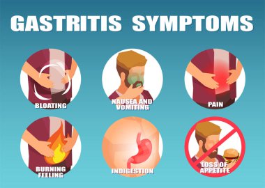 Vector infographic of a man with gastritis symptoms, vomiting, nausea abdominal pain, burning feeling and loss of appetite  clipart