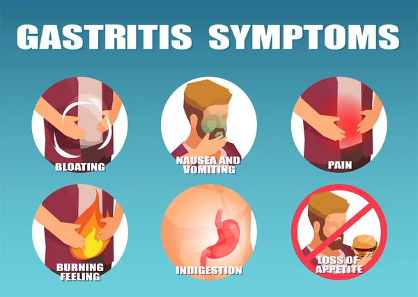 Vektor Infografik Eines Mannes Mit Gastritis Symptomen Erbrechen Übelkeit Bauchschmerzen — Stockvektor