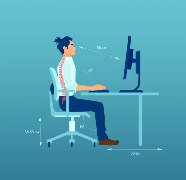 Vector of an young office worker with correct sitting posture ergonomics at desk while working on a computer — Stock Illustration Vector Young Office Worker Correct Sitting Posture Ergonomics Desk While Stock Vector