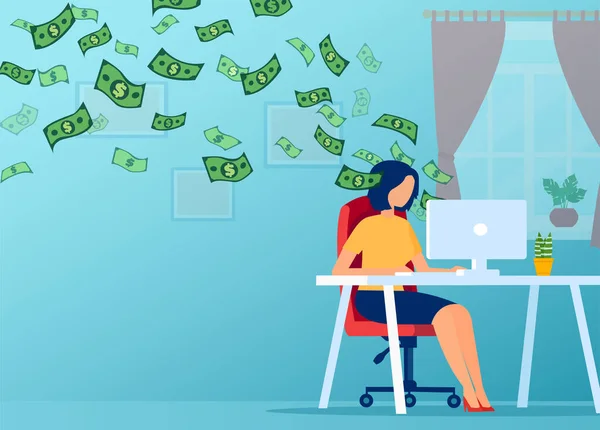 Vektor Mladé Ženy Pracující Počítači Domova Vydělává Peníze — Stockový vektor