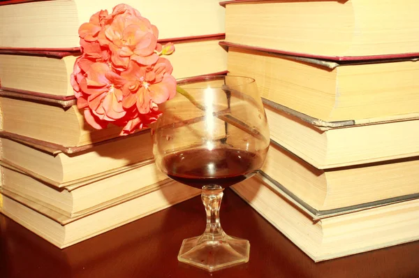 Kırmızı şarap kadehi ve kitaplar masanın üstünde.