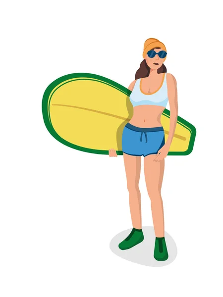 Красива дівчина позує з дошкою для серфінгу в стилі модний плоский ізольований. Сток Векторні ілюстрації . — стоковий вектор