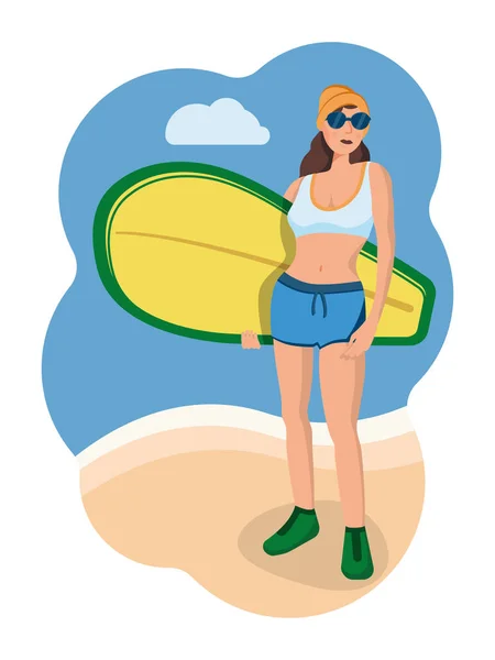 Mooi meisje poseren met een surfplank in trendy platte stijl geïsoleerd. Voorraadvectorillustratie. — Stockvector