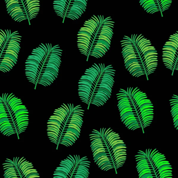 绿色棕榈叶无缝图案椰子树 背景为黑色 — 图库矢量图片