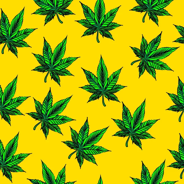 Natuur Blad Cannabis Naadloos Patroon Zomer Met Gele Achtergrond Marihuana — Stockvector