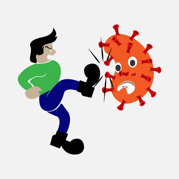Homme Combat Coup Pied Virus Couronne Dessin Animé Illustration Vecteur — Image vectorielle