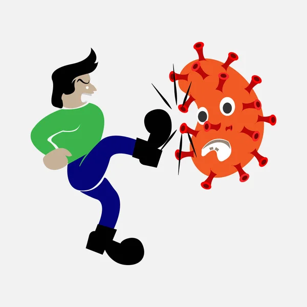 Man kick virus corona çizgi film çizim vektörü covid 19