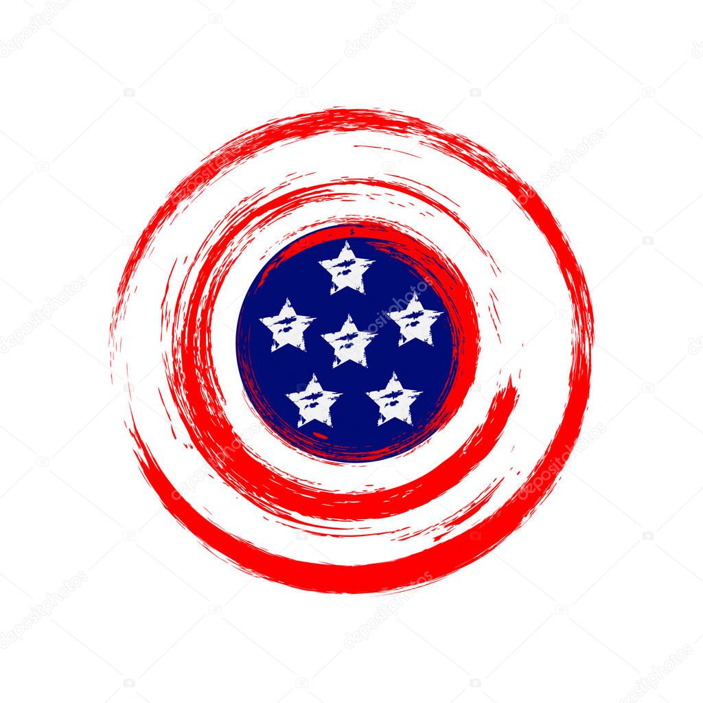 shield American . red circle with five white star like flag america for your brand, pin and other print grunge style