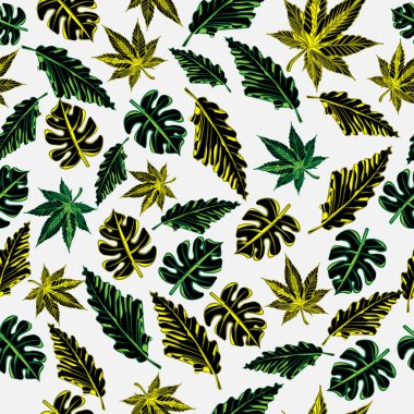 Seamless cannabis pattern leaf nature with monstera and anthurium plant, color neon green and yellow light clipart