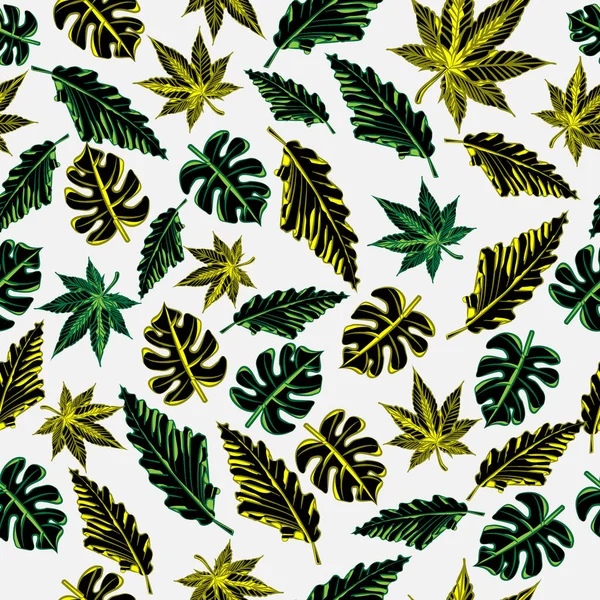 Naadloze Cannabis Patroon Blad Natuur Met Monstera Anthurium Plant Kleur — Stockvector
