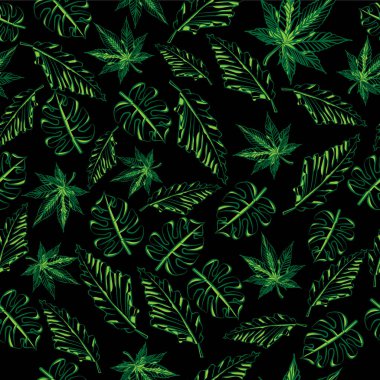 yeşil tropikal yaprak doğası siyah arkaplanlı kumaş tatil tasarımı yazdırmak için kusursuz desen