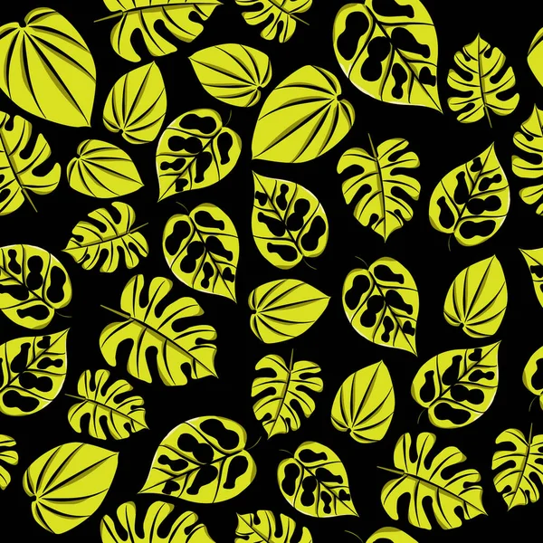 Jaune Feuilles Tropicales Trou Pour Imprimer Tissu Avec Fond Noir — Image vectorielle