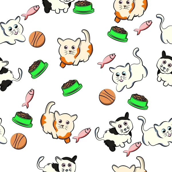 seamless pattern funny cat cartoon pet, kitty, kitten, doodle, with white background
