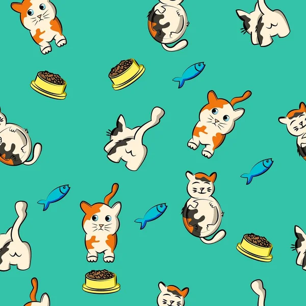 Sevimli kedicik, pürüzsüz desenli komik kedi çizgi film evcil hayvanı, kedicik, karalama, mavi toska yeşil arka planlı