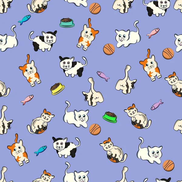 Modern arka planı olan kusursuz desenli komik kedi çizgi film evcil hayvanı, Kitty, kedicik, doodle, yazıIı tatil kumaşın için.