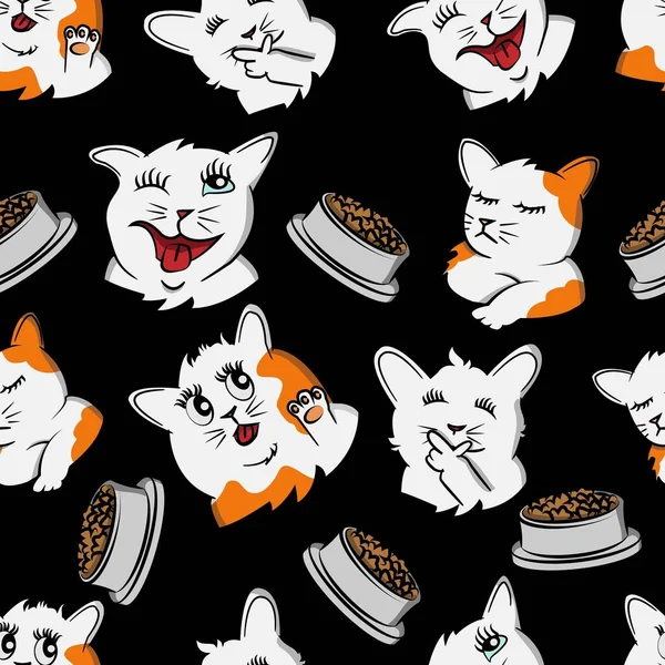 funny cat cartoon pet seamless pattern, kitty, kitten, doodle with black background