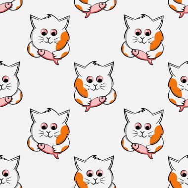 Kusursuz desenli komik kedi çizgi filmi. Balık yemi, kedicik, aptal kedi, karalama, aptal surat.