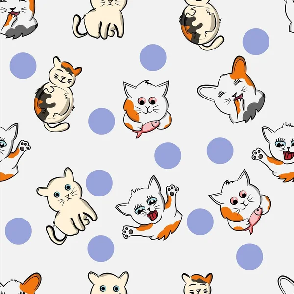 seamless pattern funny cat cartoon pet, kitty, happy cute kitten, doodle, white background