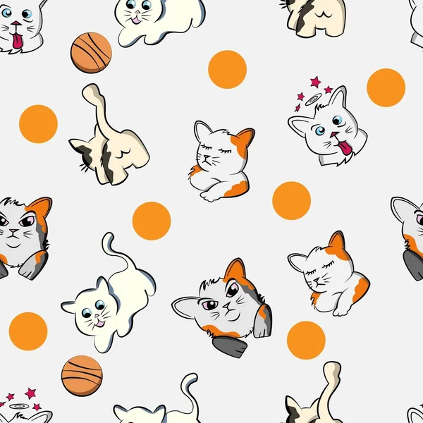 funny cat cartoon pet seamless pattern, kitty, happy cute kitten, doodle,with white background