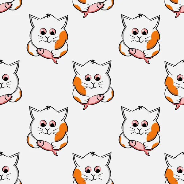 seamless pattern funny cat cartoon with eat fish pet feeding, kitty,silly kitten, doodle, silly face