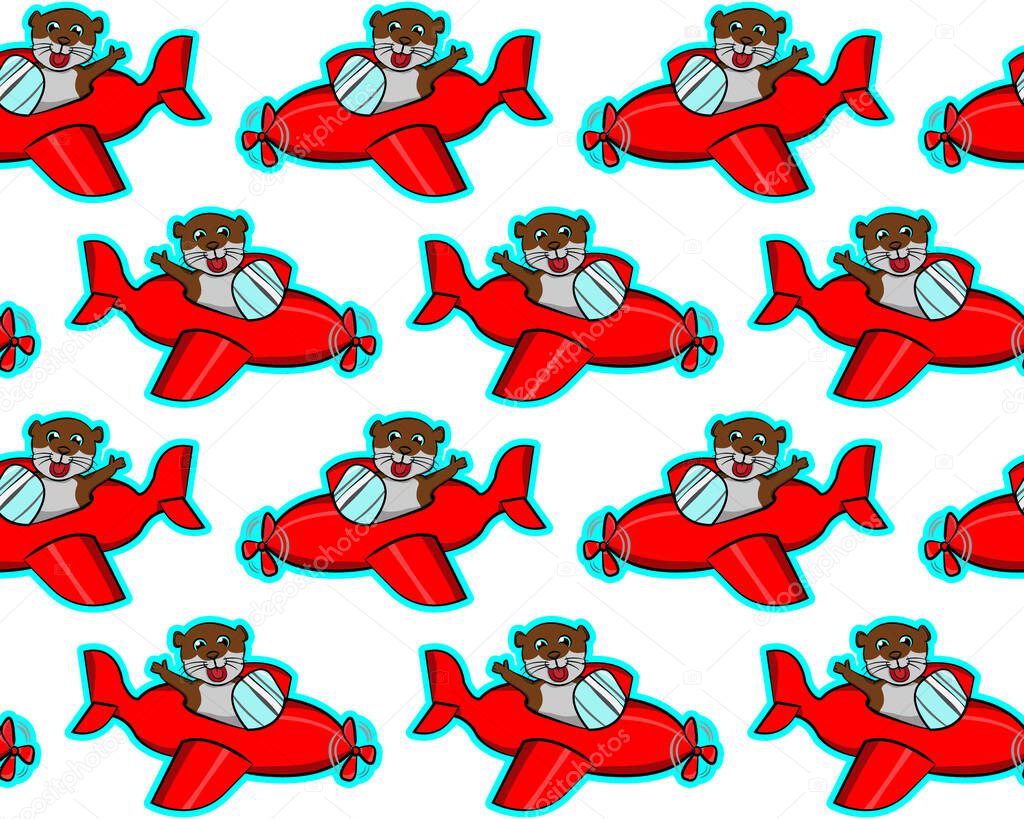 boarding a plane red funny animals otter pet cute seamless pattern, beaver pilot waving hand kids