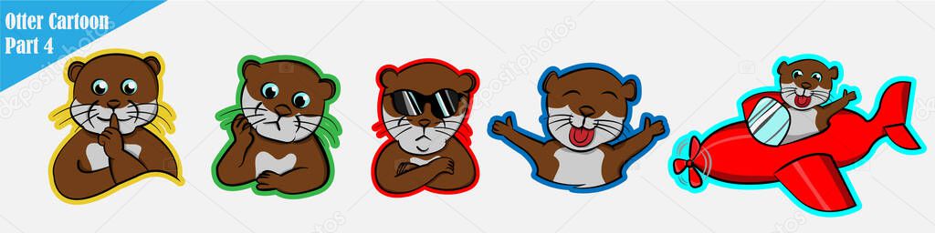 funny cartoon many expression animals otter pet cute set beaver bundle pattern, silent, shut up, confused, puzzled, cool impressive, excited happy amused, boarding a plane red, pilot