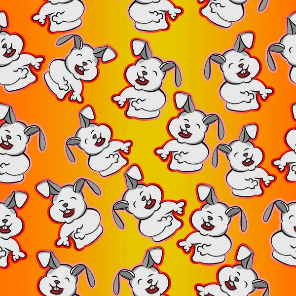 Tavşan gülüşü, neşeli tavşan gülüşü, komik tavşan ötüşü, hayvani sevimli gülümseme, çizgi film tarzı dikişsiz desen, havalı arka plan turuncu, yaz tatili baskısı