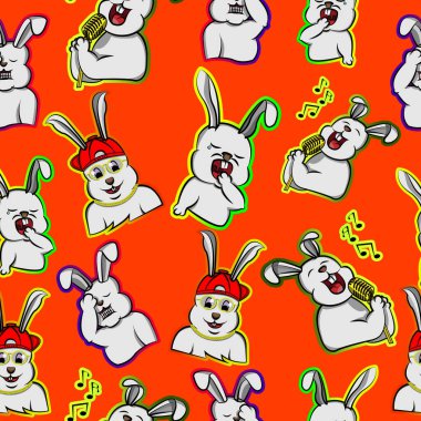 El çizimi mutlu tavşan ifadesi, komik tavşan şarkı söylüyor turuncu arkaplanlı dikişsiz çizgi film şablonu