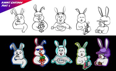 Sevimli tavşan çizgi roman sayfası komik surat ifadesi mutlu tavşan demeti el çizimi, astronot, beyzbol, ağlama, alışveriş, hayvan gülüşü, tişört tasarımı için eğlence,