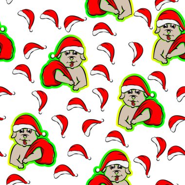 Kırmızı çantalı şirin köpek Noel Baba. Tişört baskısı için kullanılabilir, çocuklar moda tasarımı, kumaş, ağ, duvar kağıdı giyebilir.