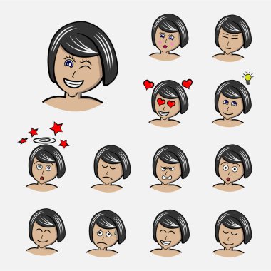 Kadınların kısa saçı Duygularını belirler. Yüz ifadesi. Kız Avatar. El çizimi biçim vektör tasarımı çizimleri