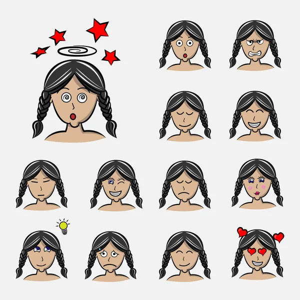 Trenza Para Cabello Conjunto Emociones Mujer Expresión Facial Chica Avatar — Vector de stock