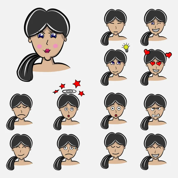 Set Woman Emotions Facial Expression Girl Avatar Hand Drawn Style — Stock Vector