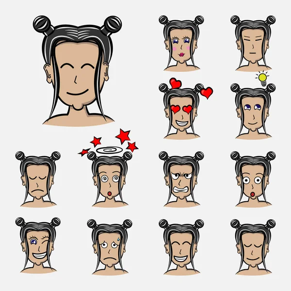 Cheveux Attachés Ensemble Émotions Femme Expression Faciale Avatar Fille Illustrations — Image vectorielle