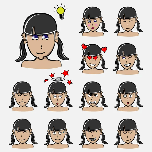 女性の髪の感情のセット 顔の表情 アバター少女 ヘアスタイルの絵文字 絵文字 感情と手描きスタイルのベクトルデザインイラスト — ストックベクタ