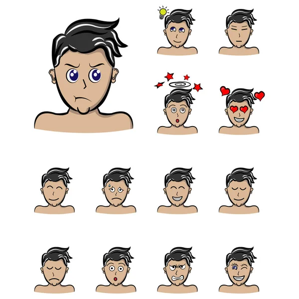 Dessin Animé Style Garçon Émotions Homme Avec Diverses Expressions Faciales — Image vectorielle