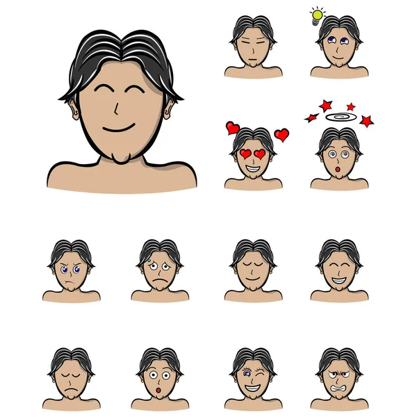 Duyguları olan adam saçlarını ayıran erkek karakter. Çeşitli yüz ifadeleri olan yakışıklı adam emojisi. Çizgi film tarzında vektör illüstrasyonu